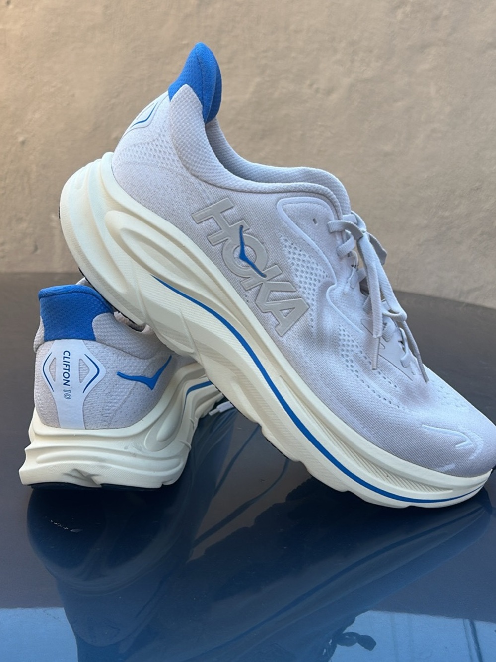 Hoka One One Clifton 10 Men's Running Shoes - White with Blue Accents